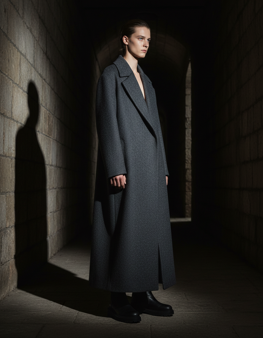 Long charcoal overcoat with wide lapels