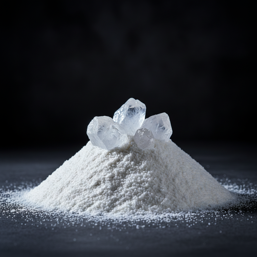 A sculpted mound of fine white magnesium crystals against a dark backdrop