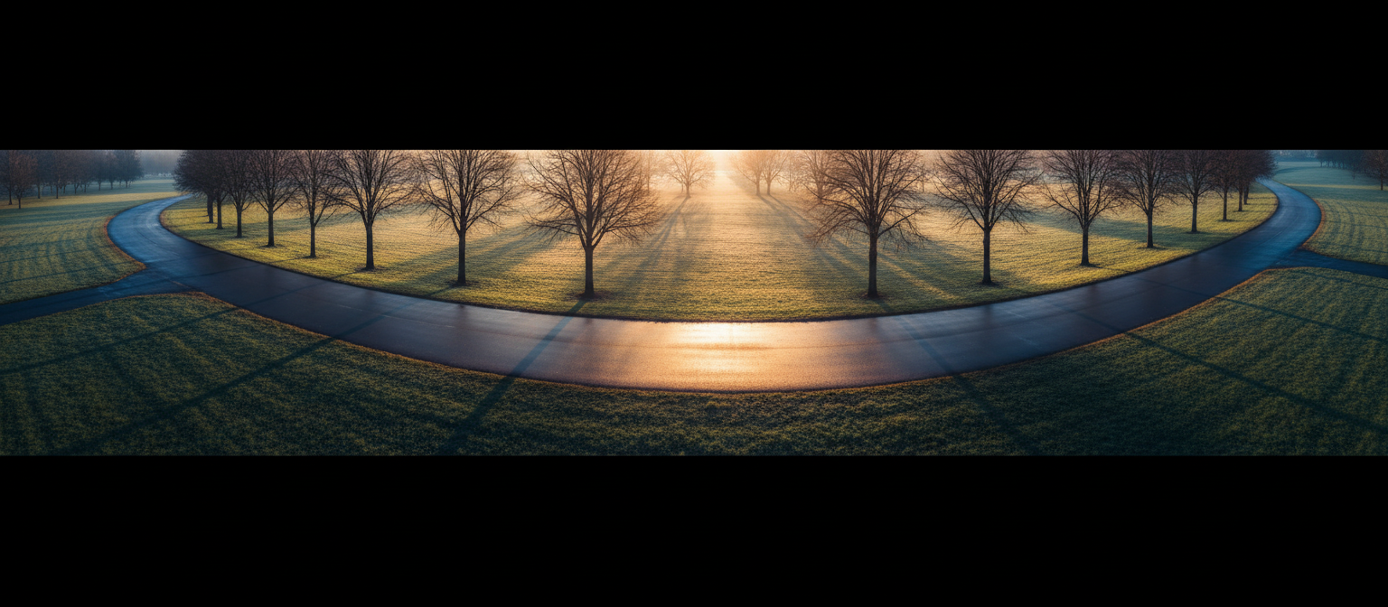 Empty park path at sunrise with long tree shadows across wet asphalt