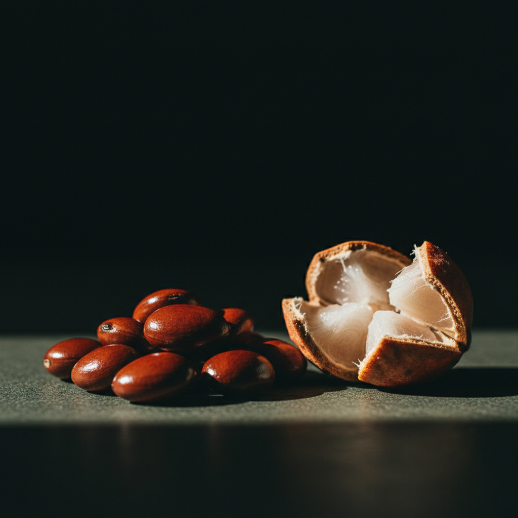 Glossy reddish-brown guarana seeds beside a cracked pod husk, lit dramatically against a dark backdrop