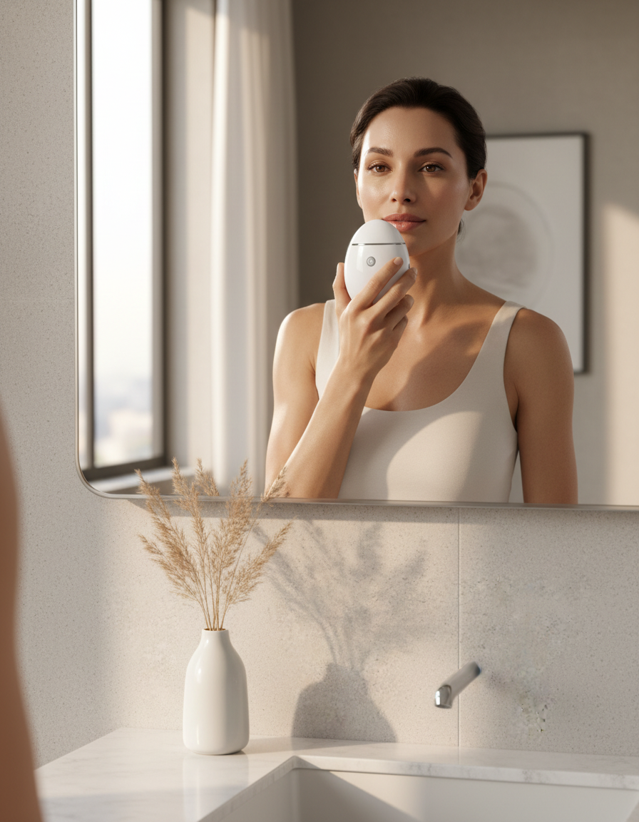 Woman at a bright bathroom mirror holding the white PlumpGlow device up to her lips