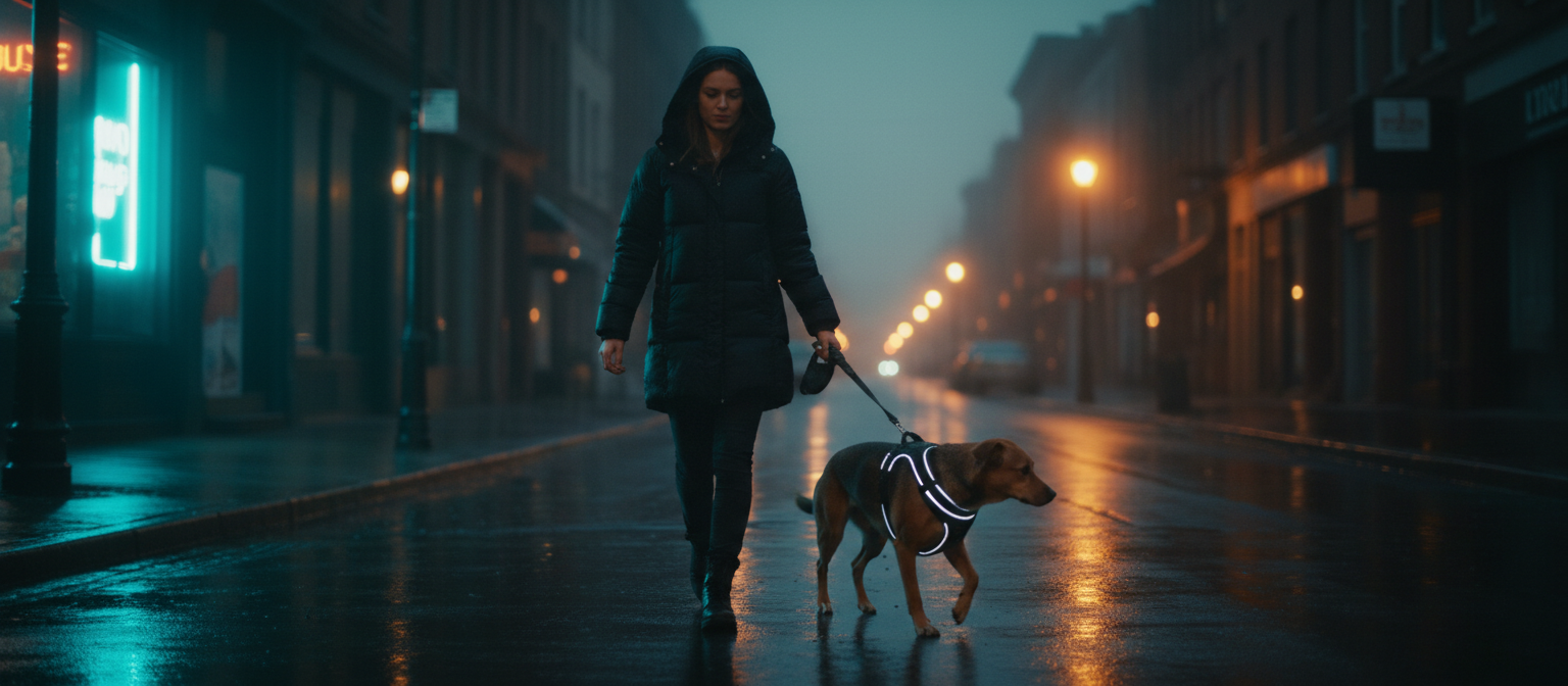 Woman walking her dog in a reflective harness through the city at dusk