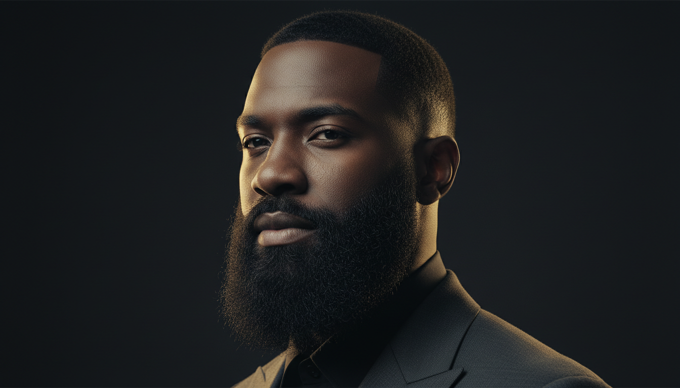 Man with a dense, well-groomed full beard lit against a charcoal backdrop