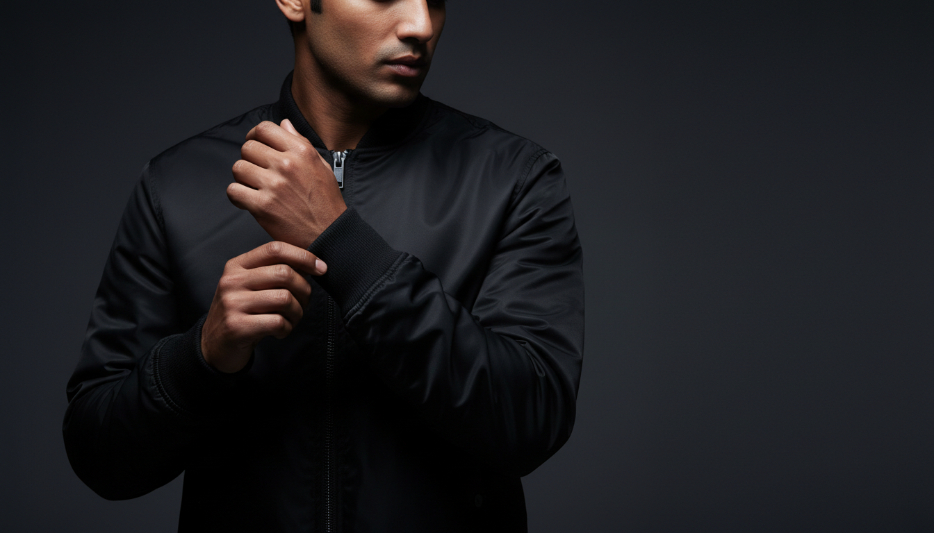 Close crop of a matte black bomber jacket cuff
