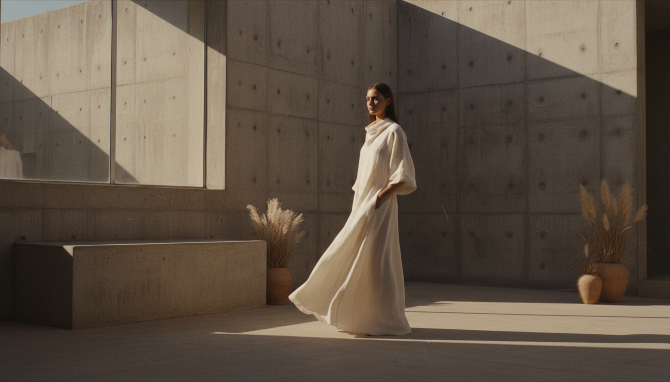 Woman in an ivory linen dress in a sunlit courtyard