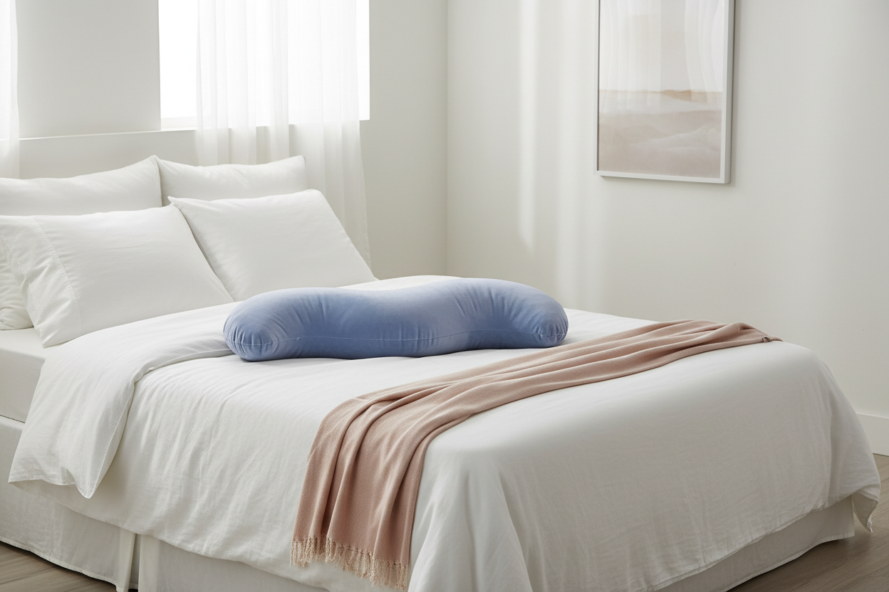 The Snuggi body pillow styled on a made bed with white linen