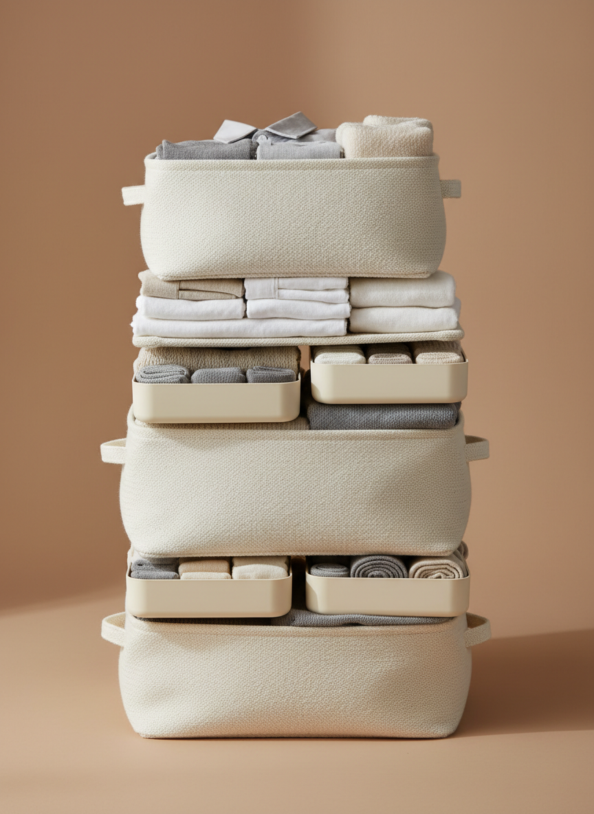Stack of cream storage baskets and organizer trays with folded textiles