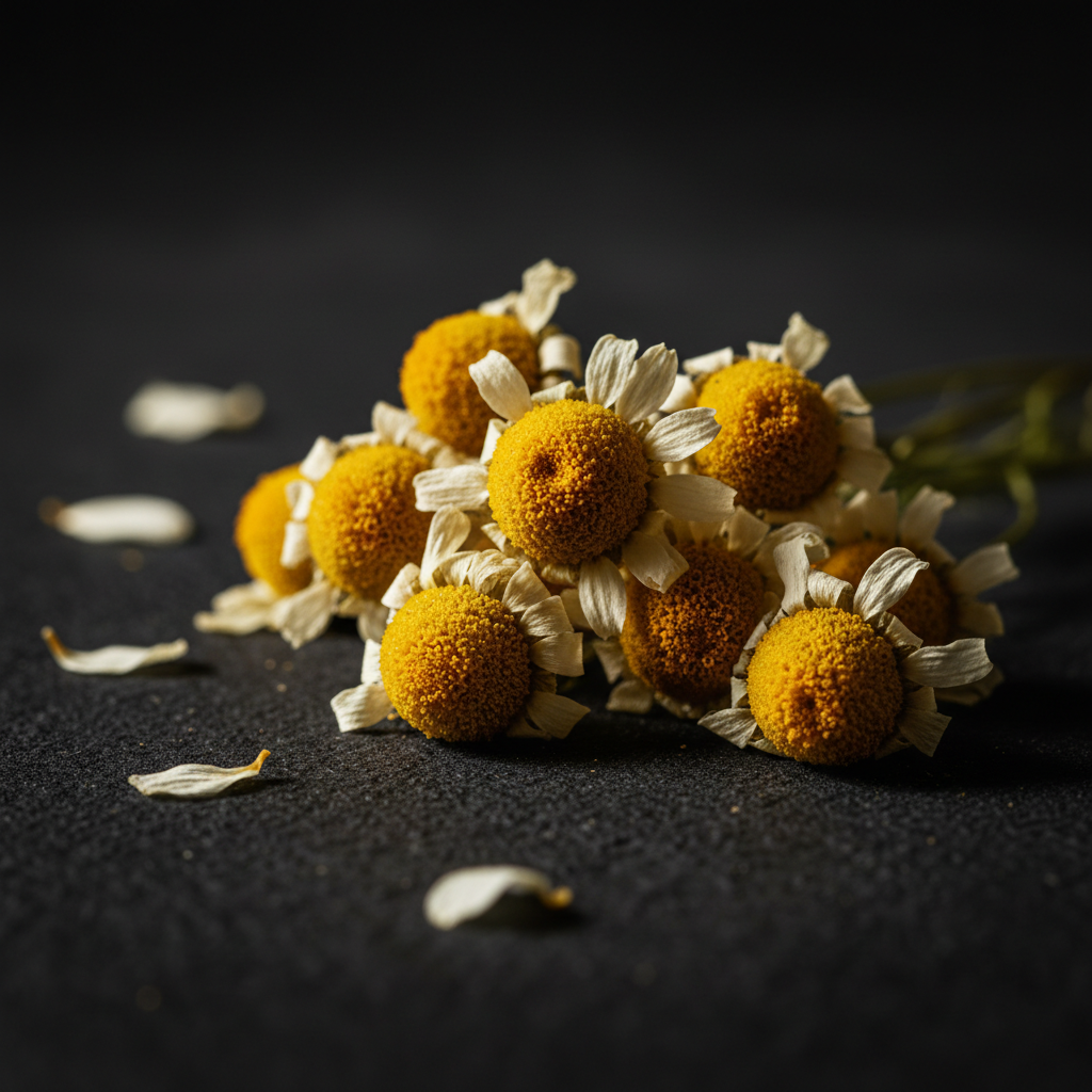Dried chamomile flower heads with loose petals, lit dramatically against a dark backdrop
