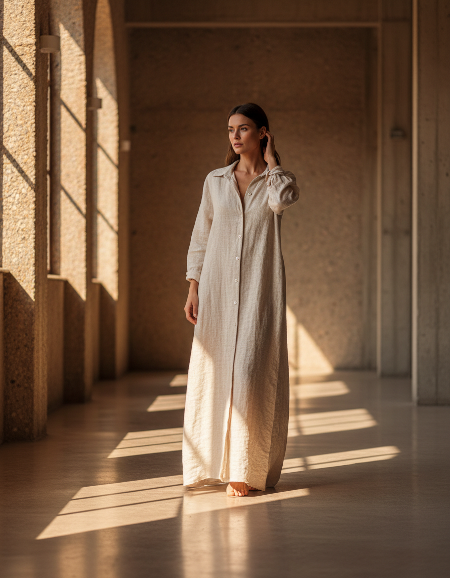 Woman in a bone linen shirt dress in a sunlit corridor
