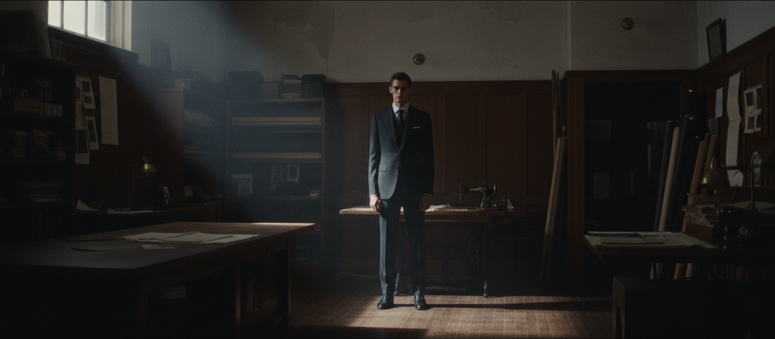 Model in charcoal wool tailoring in a dim atelier