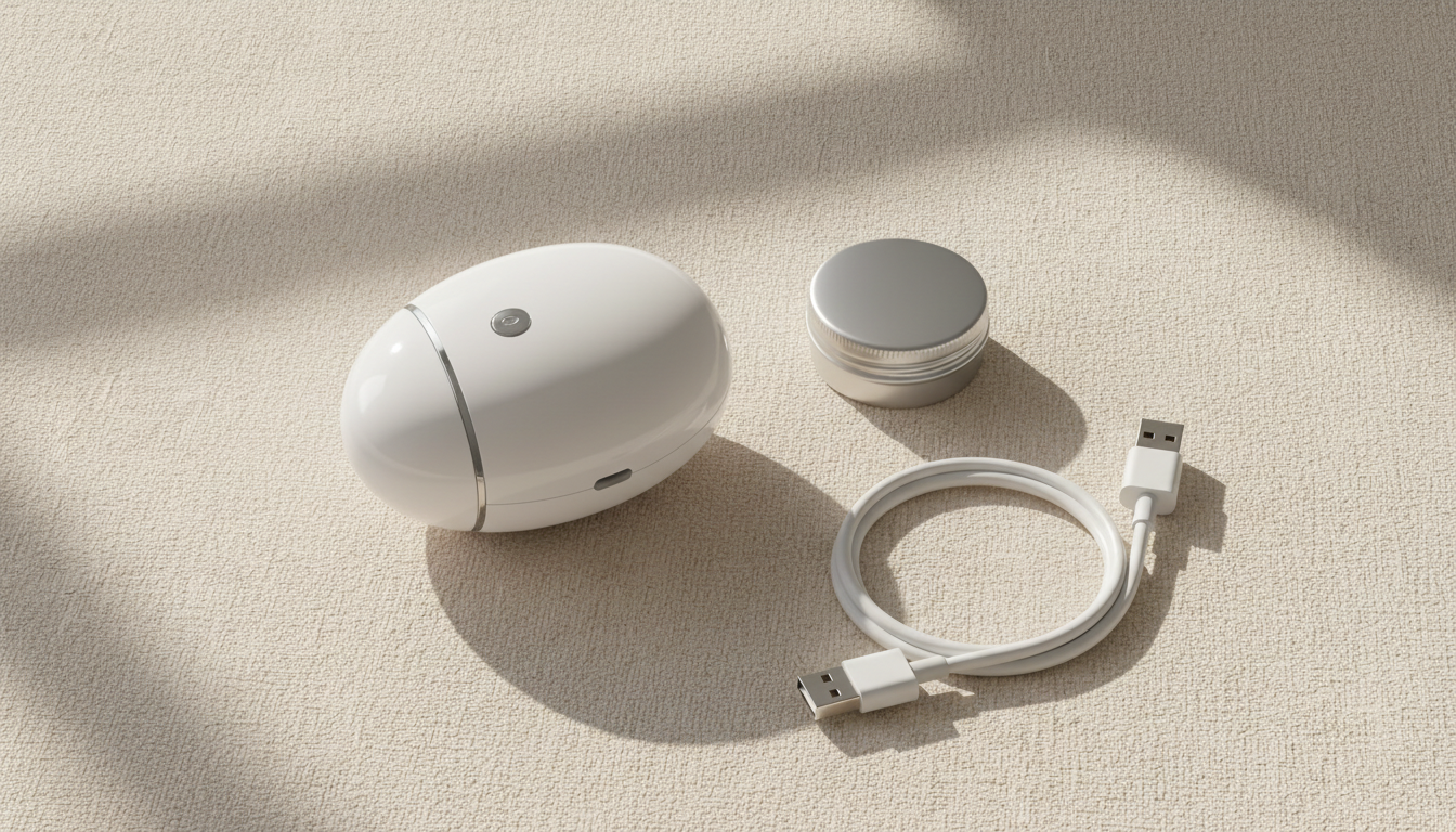 The white PlumpGlow device beside a USB-C charging cable on a warm linen surface