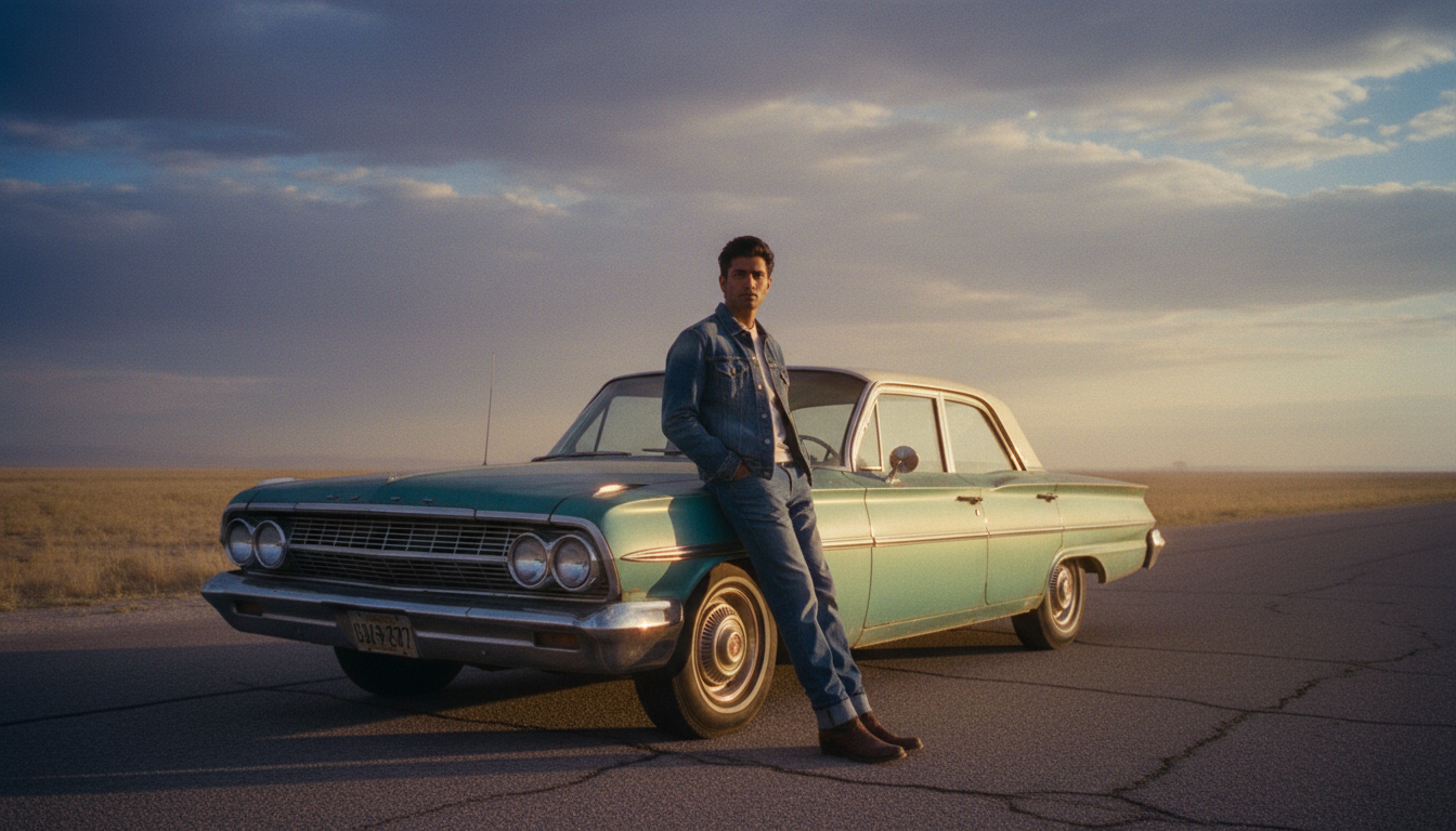 Model in a washed indigo denim jacket on an empty road at dusk