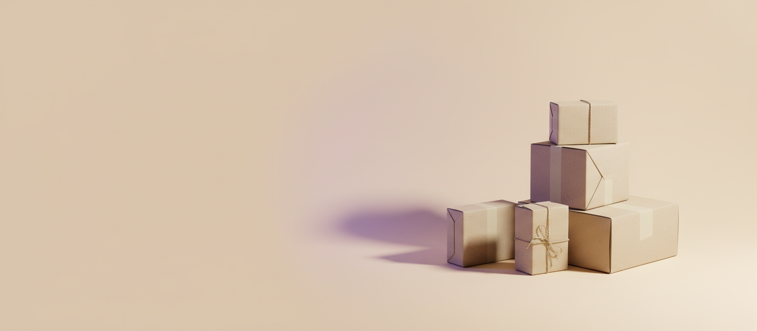 Stacked shipping boxes on a cream backdrop with soft lilac light