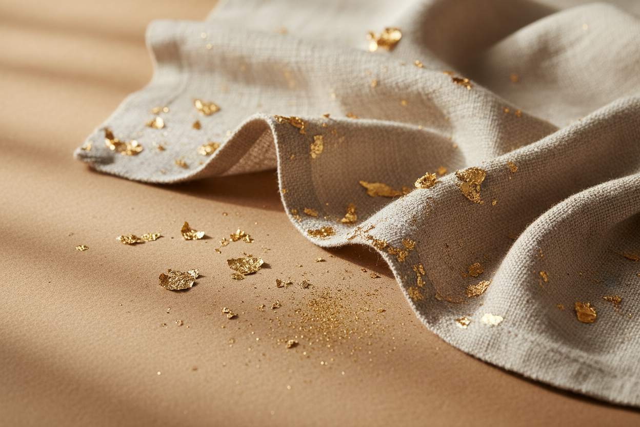 Natural linen cloth with fragments of gold leaf catching soft morning light