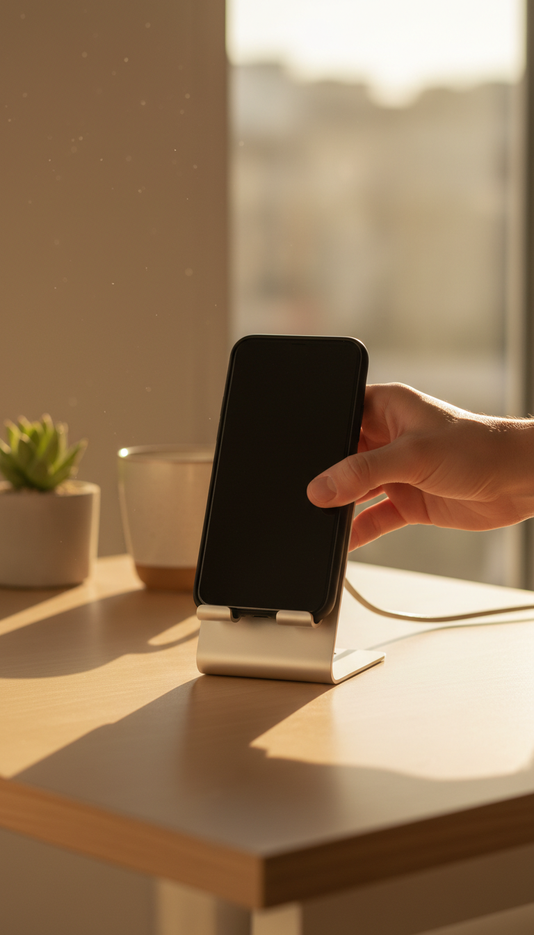 A hand placing a phone onto the white charging stand on a tidy desk