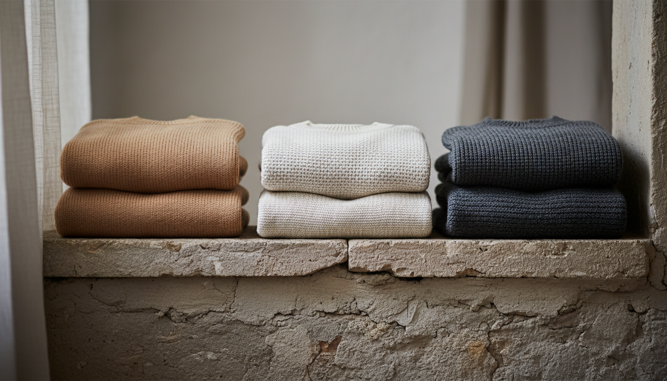 Folded knitwear stacked on a stone ledge