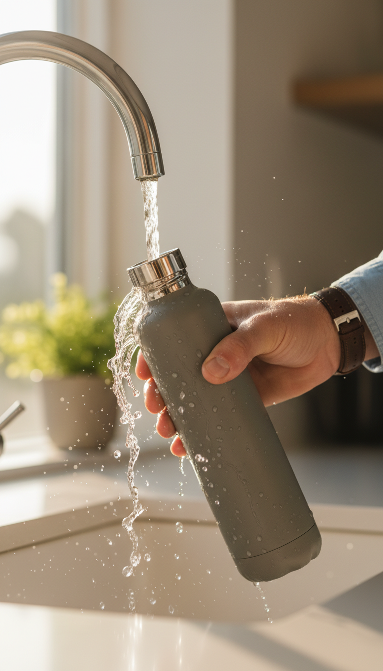 Close-up of a hand filling the insulated bottle under a tap