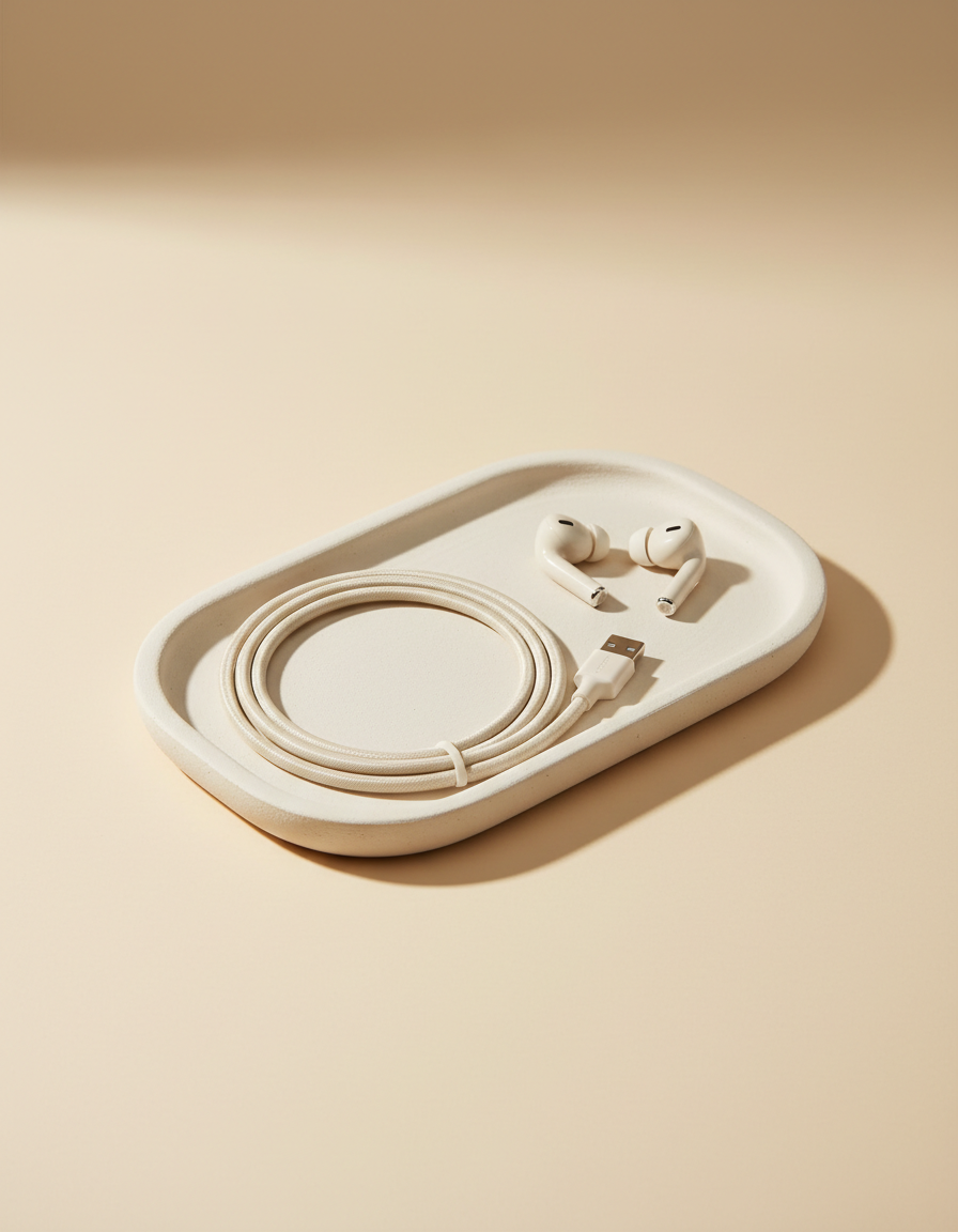 Cream ceramic desk tray holding a coiled cable and earbuds