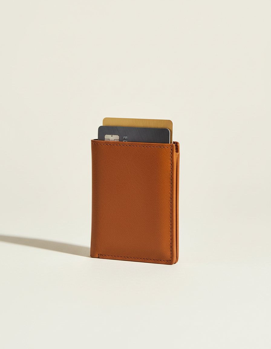 Slim tan leather card wallet with two cards fanned out