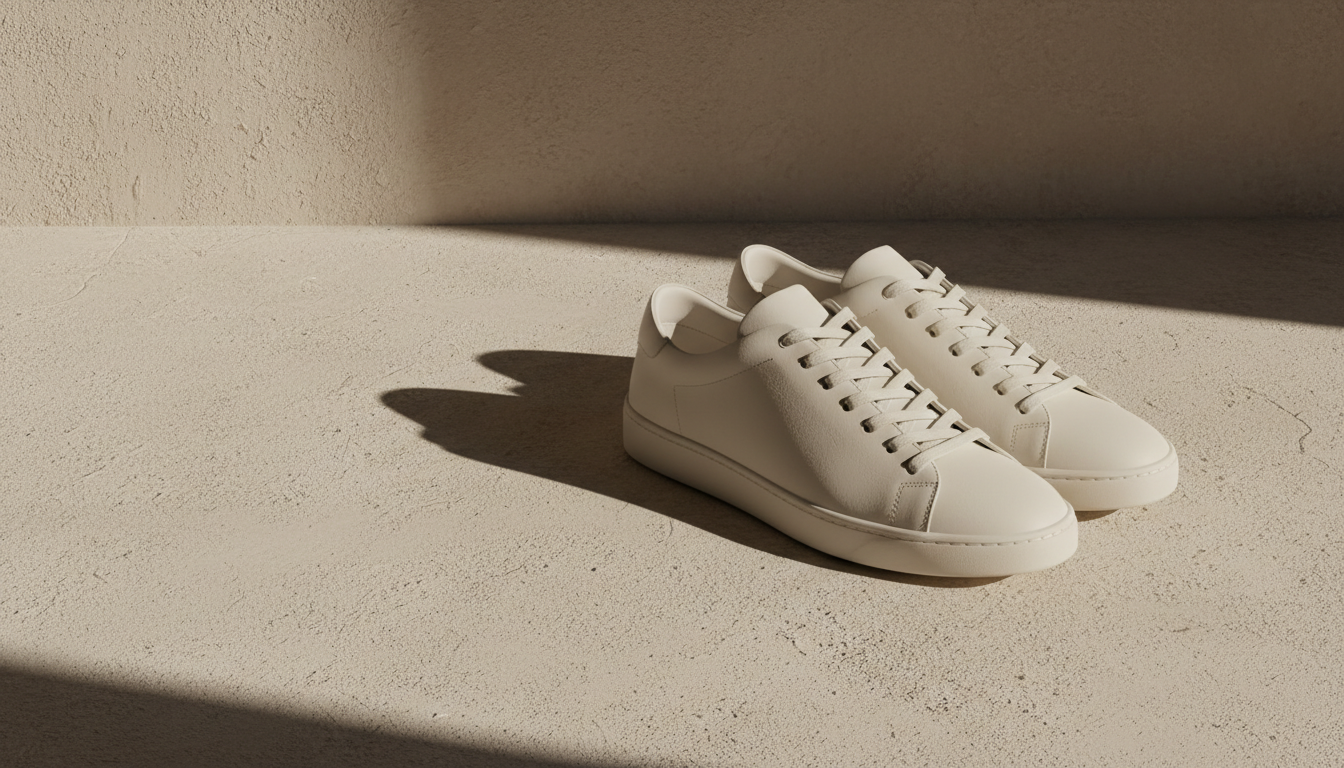 Off-white leather sneakers on textured plaster