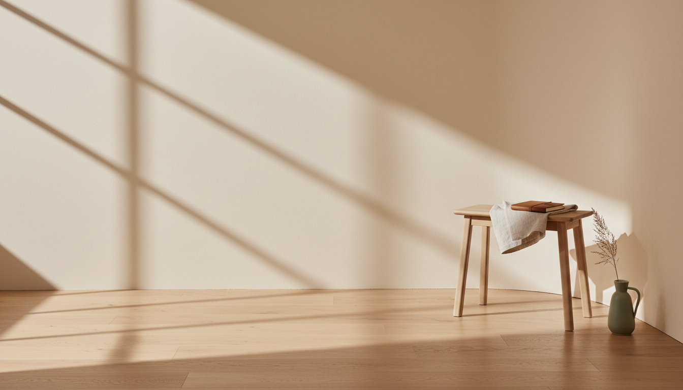 A calm cream interior corner with soft window light, an oak stool holding folded linen and a closed notebook