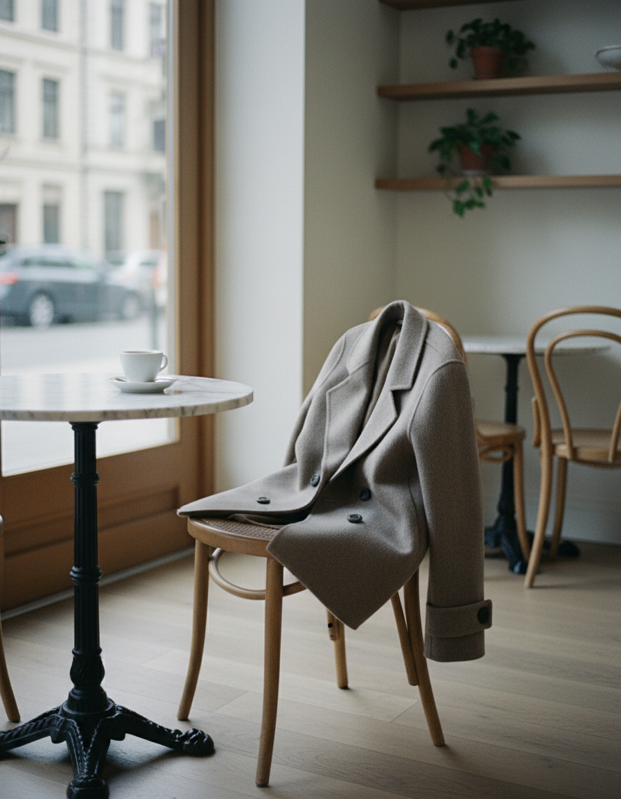 Kåpen lagt over stolryggen på en lys kafé