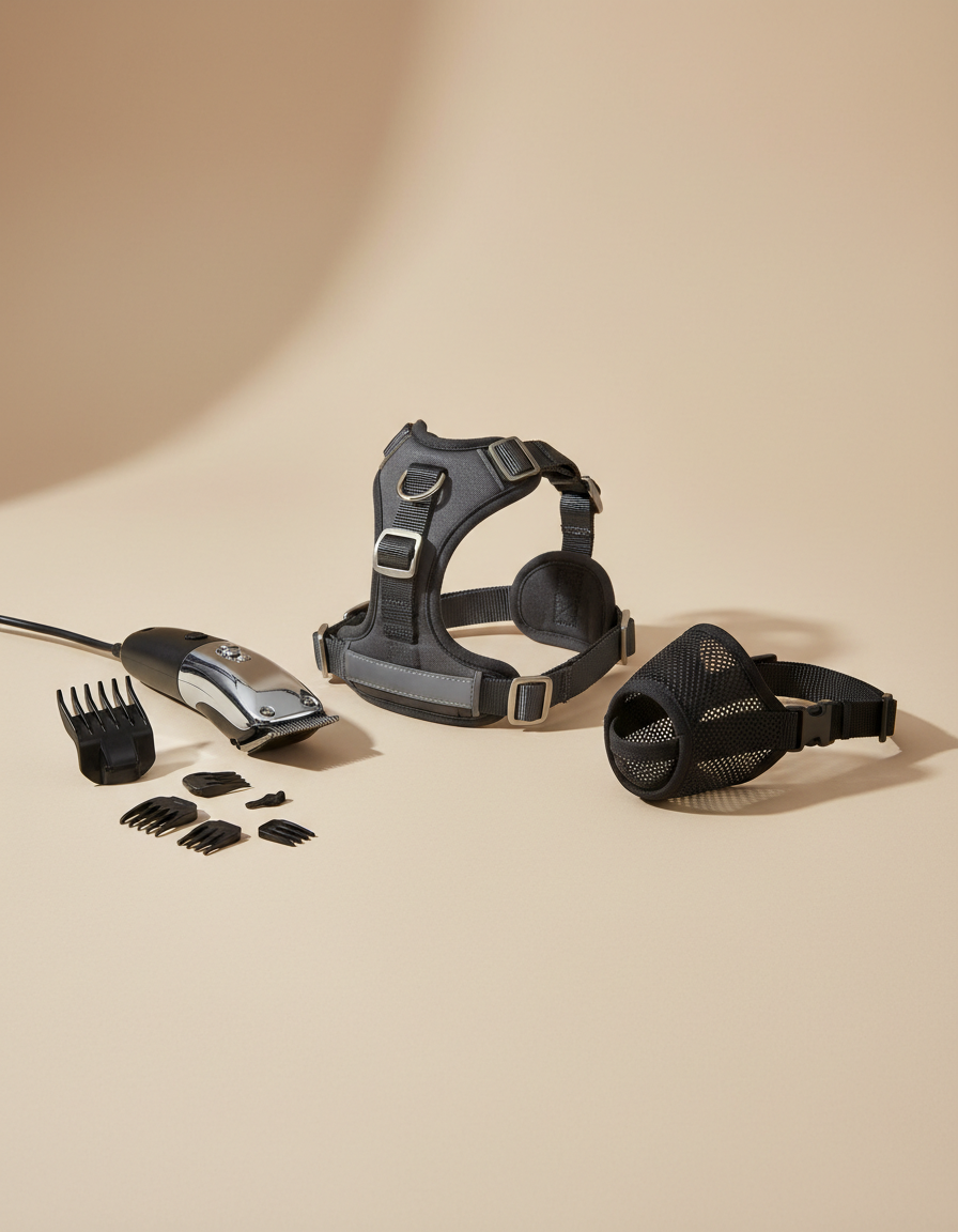 Pet accessories including a reflective harness, mesh muzzle and grooming clippers