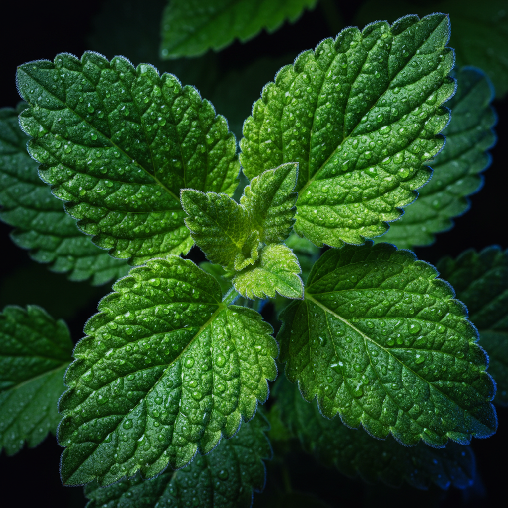 Fresh lemon balm leaves with dew droplets, lit dramatically against a dark backdrop