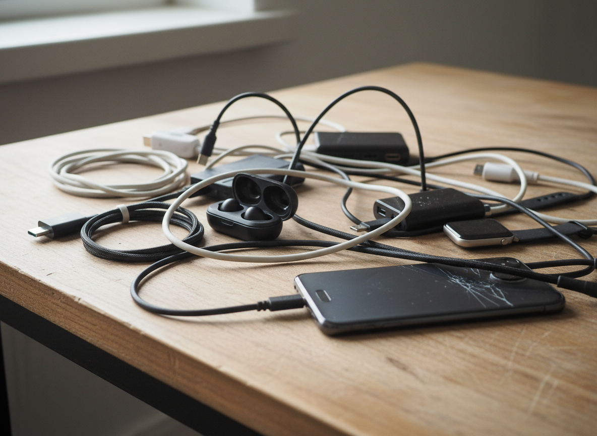 Messy desk corner before: tangled charging cables and scattered gadgets