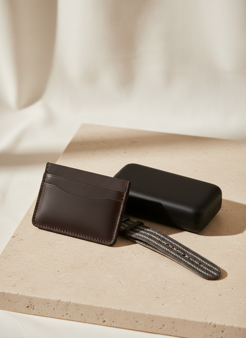 Leather card holder, woven watch strap and compact sunglasses case