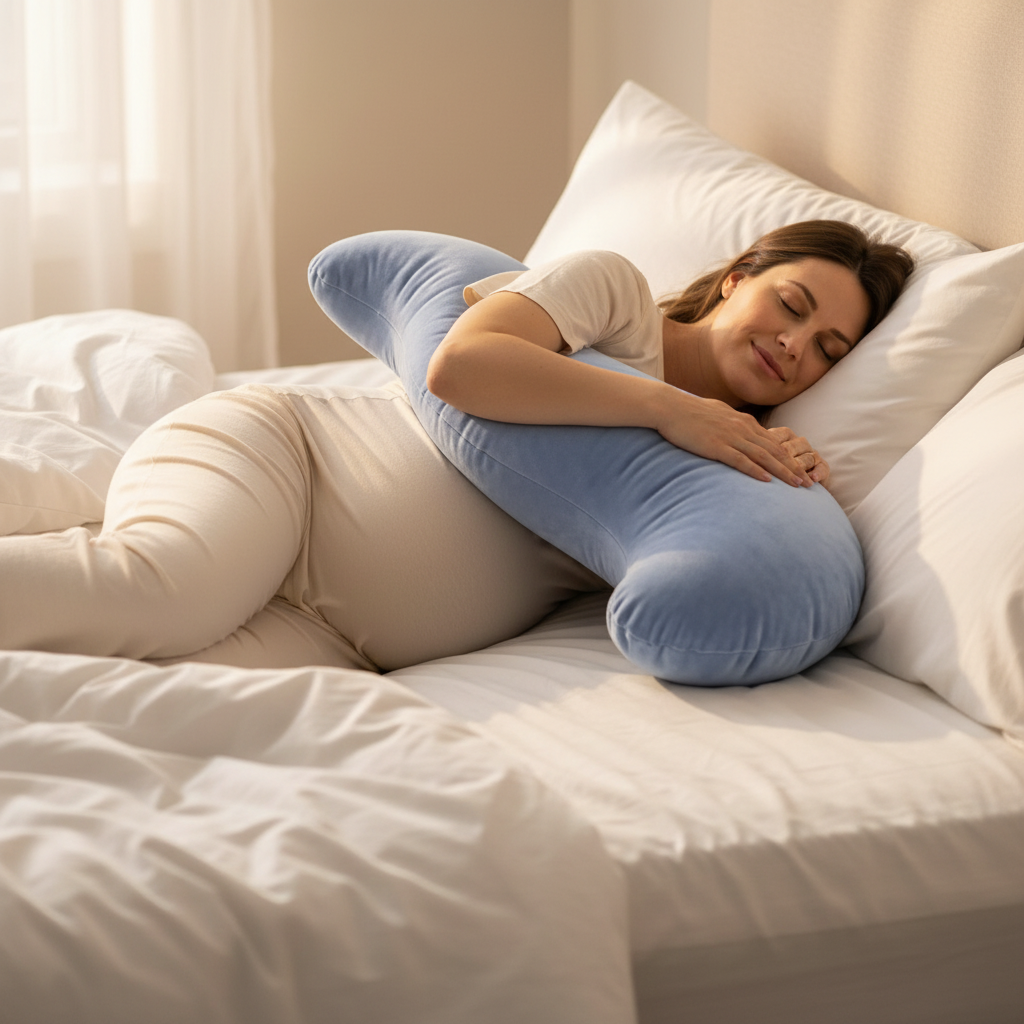 Pregnant woman asleep on her side, hugging the Snuggi Body Align Pillow with its curve supporting her bump