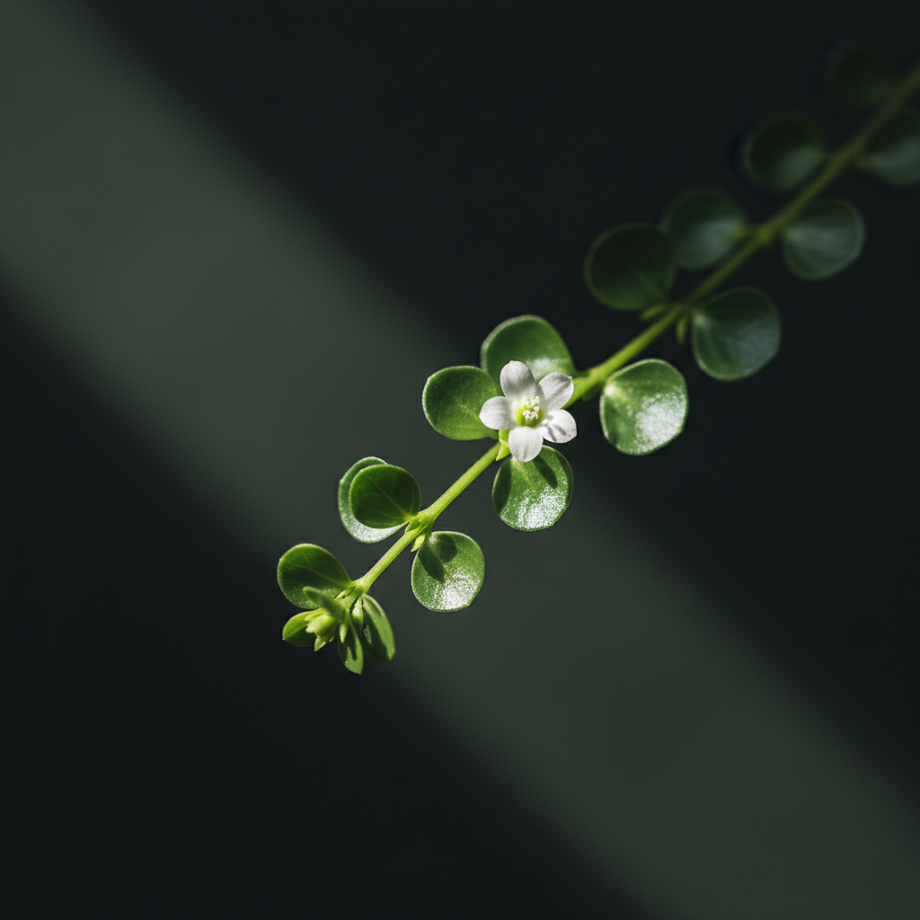 A bacopa monnieri sprig with a small white flower, lit dramatically against a dark backdrop