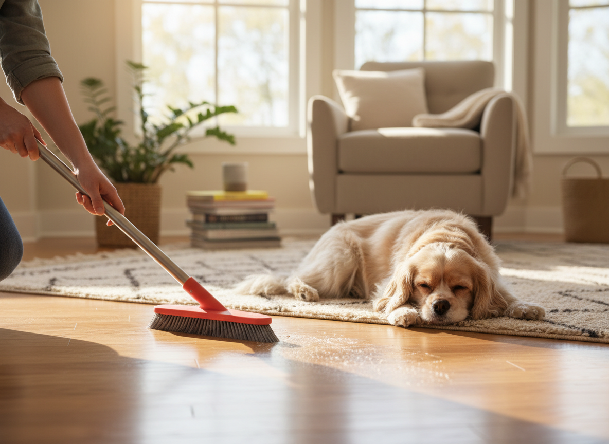 Hands sweeping a hardwood floor with a silicone broom while a small dog rests on a rug