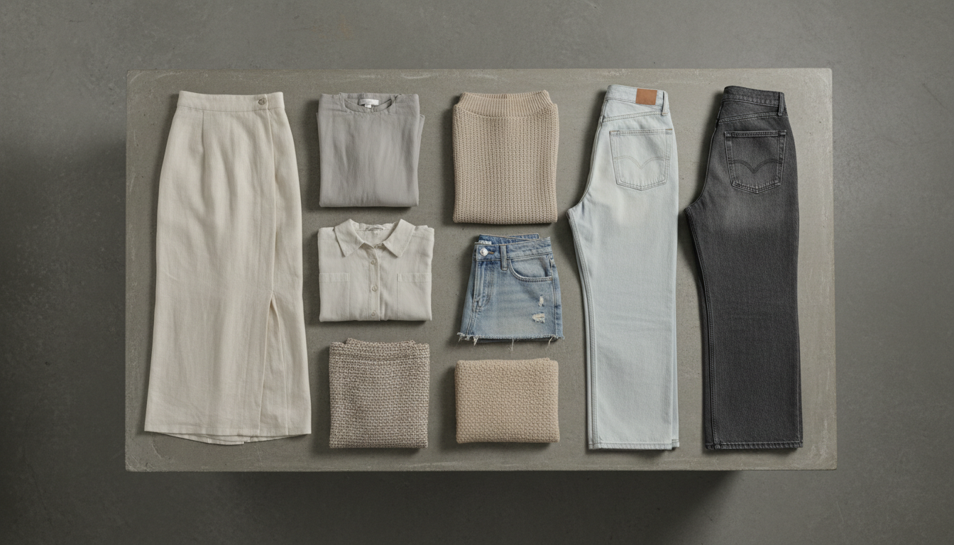 Flat lay of folded skirts and denim