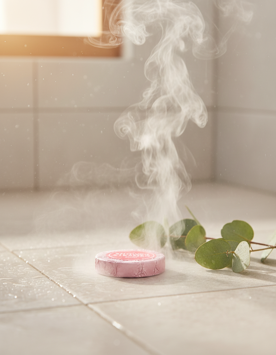 A shower steamer dissolving on a wet stone shower floor surrounded by steam and eucalyptus