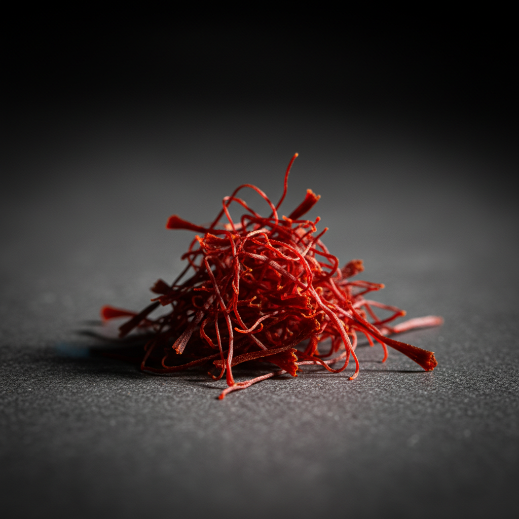 A small pile of deep red saffron threads on a matte dark surface