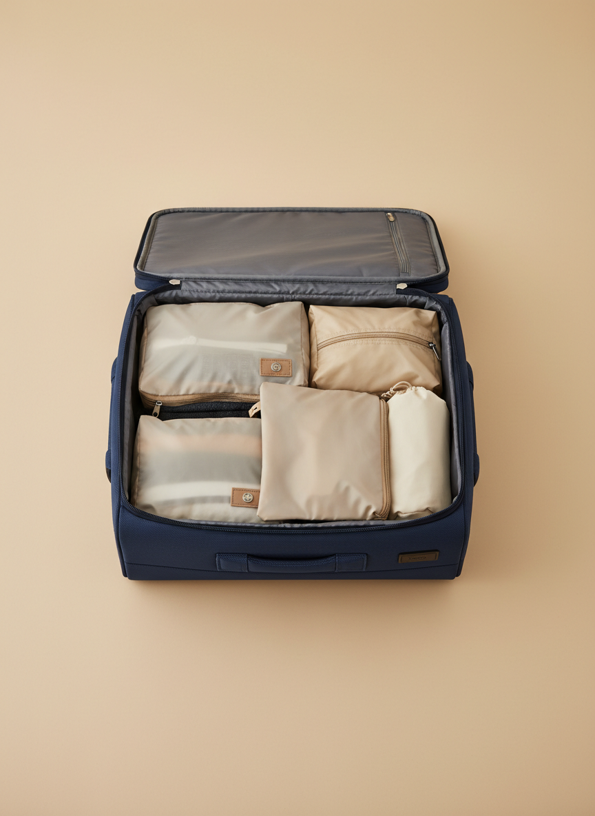 Open carry-on suitcase with packing cubes and travel pouches neatly arranged