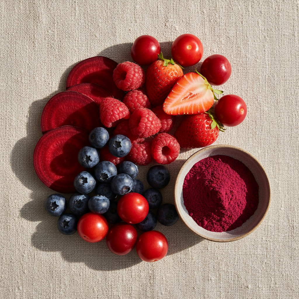 Raspberries, strawberries, blueberries, beetroot and acerola cherries on cream linen beside a dish of berry powder