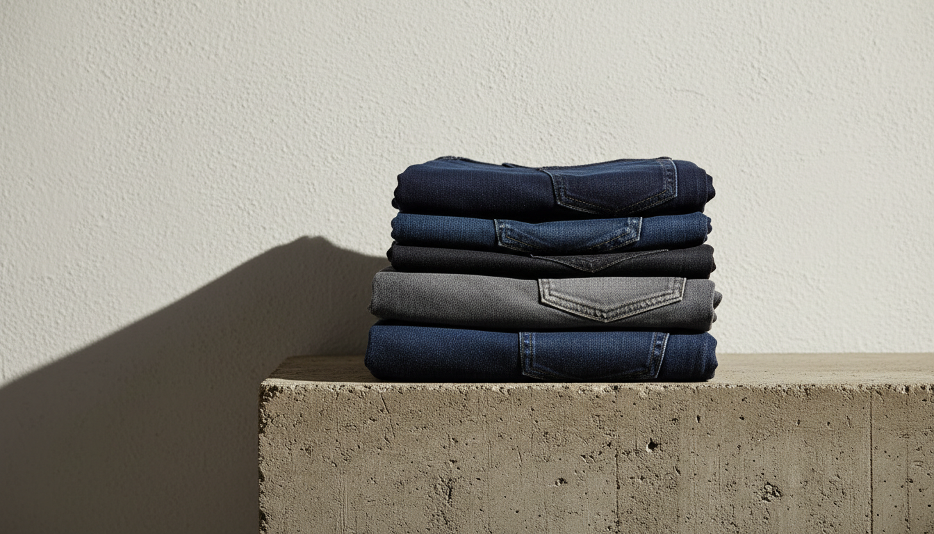 Stack of folded denim on a concrete plinth