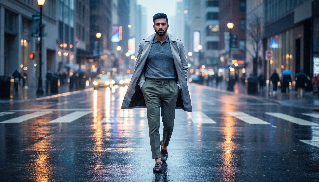 Model in a knit polo crossing a rain-wet street at dusk