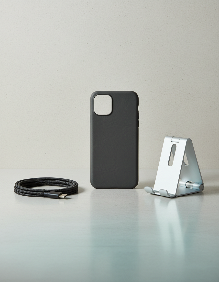Minimal tech accessories: a matte leather phone case, aluminium desk stand and braided cable