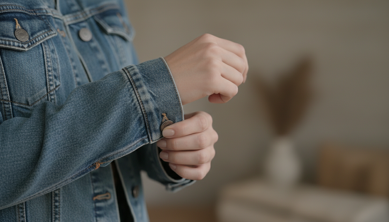 Close crop of a washed indigo denim jacket cuff