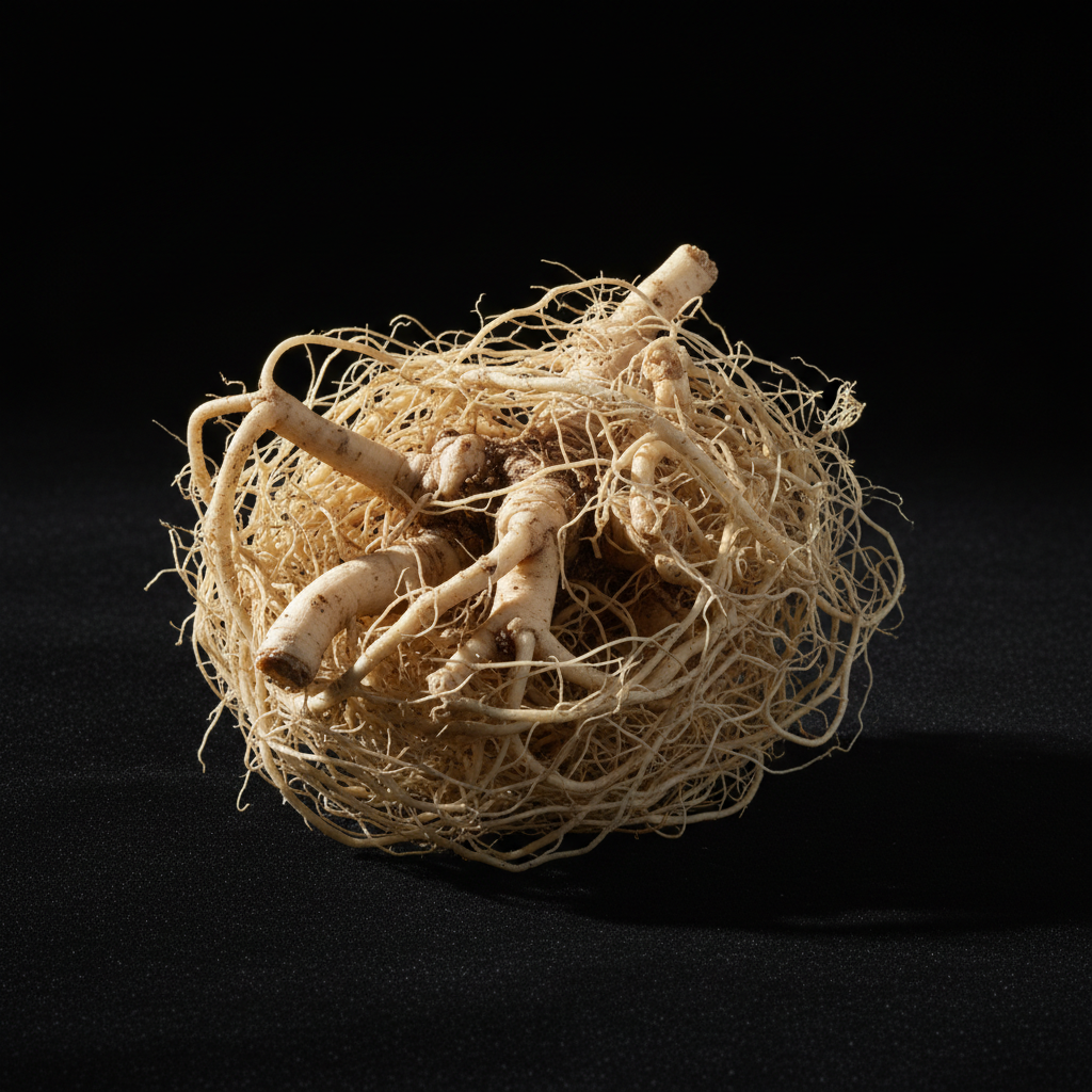 A gnarled cluster of pale valerian root with fine rootlets against a dark backdrop