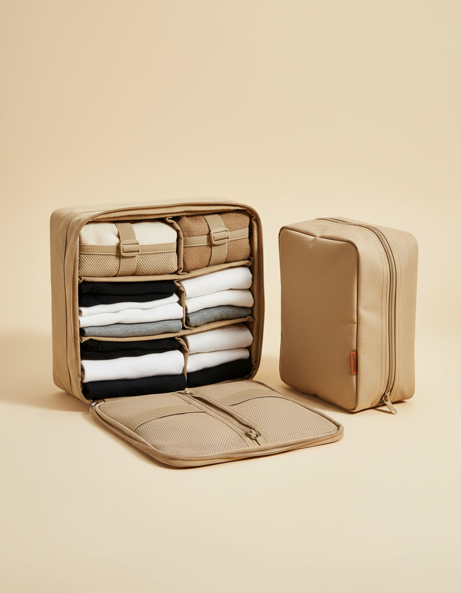 Set of two sand-coloured fabric travel packing organizers, one open