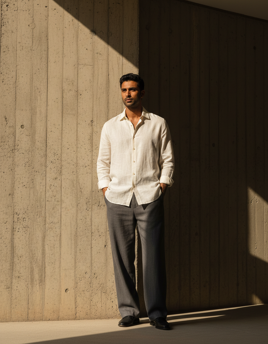 Model in a bone linen shirt in a sunlit concrete corridor