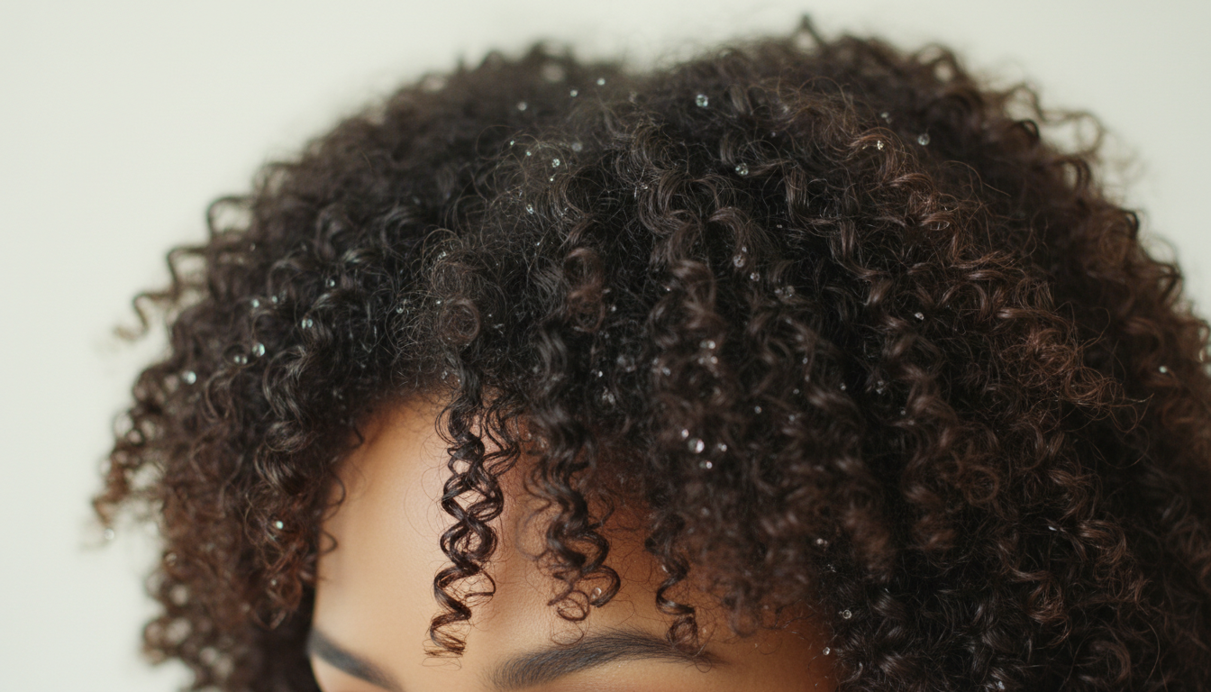Close-up of freshly hydrated, deeply defined curls with visible moisture