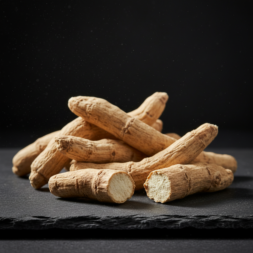 Dried ashwagandha roots, one snapped open, lit dramatically against a dark backdrop