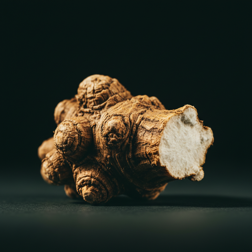 A raw rhodiola rosea root with one cut face, lit dramatically against a dark backdrop