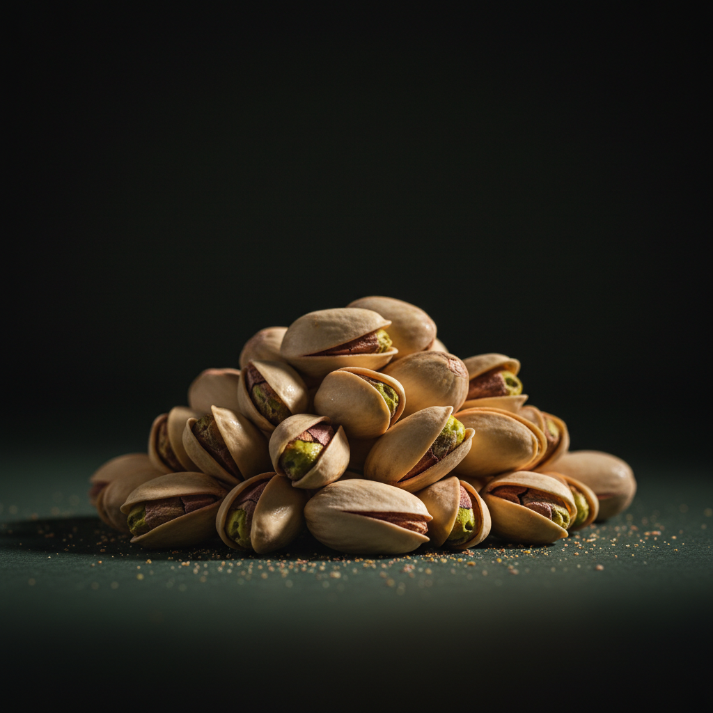 A small pile of pistachios lit dramatically against a dark backdrop