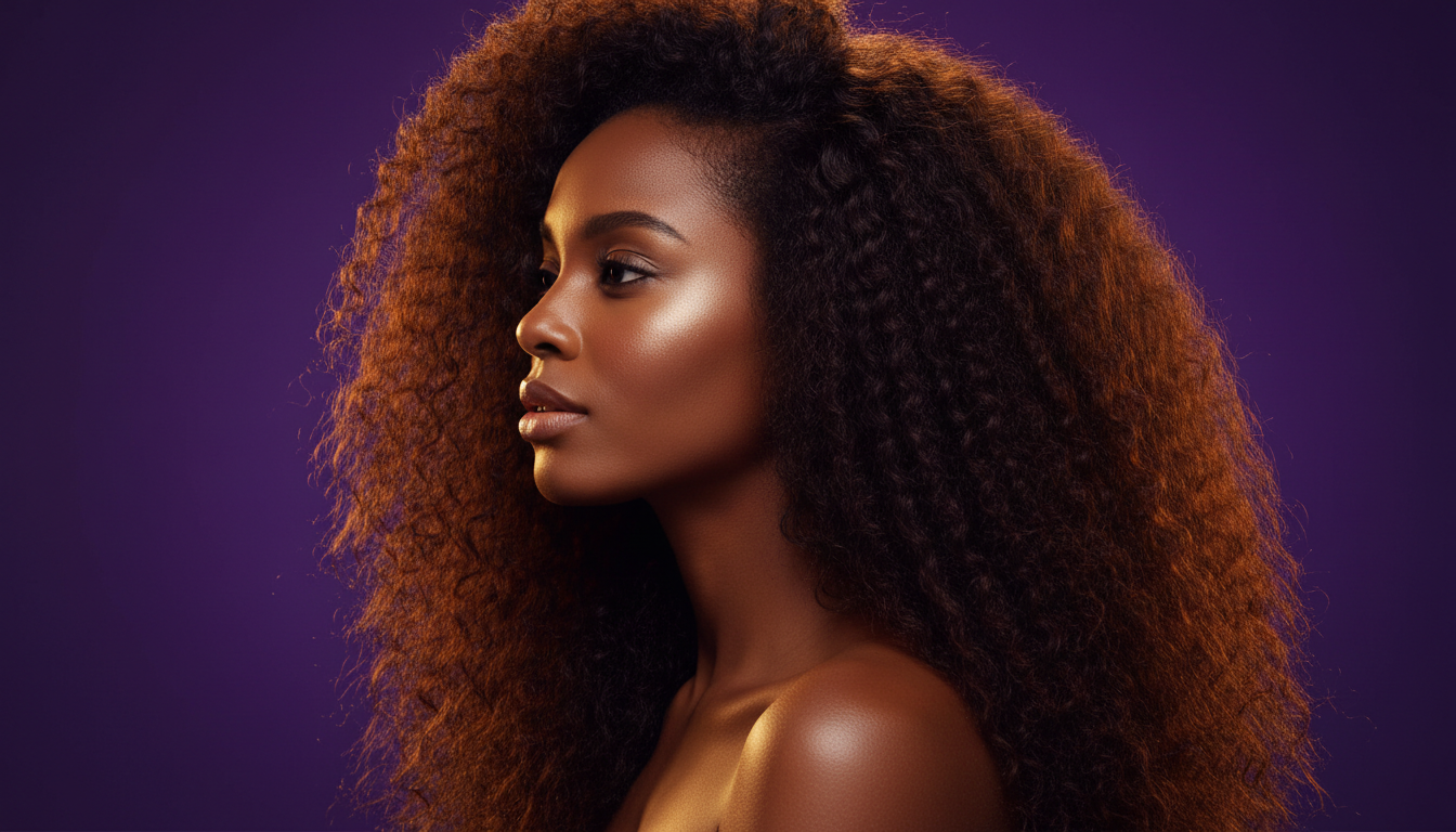 Woman with long, healthy natural coily hair lit against a deep violet backdrop